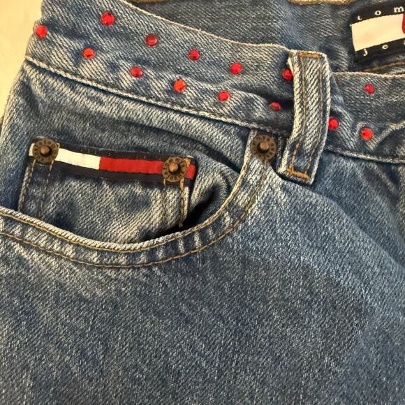 TOMMY JEANS Y2K Low Rise Rhinestone Split Flare Denim Stars Logo Retro Size 0 - Picture 13 of 13